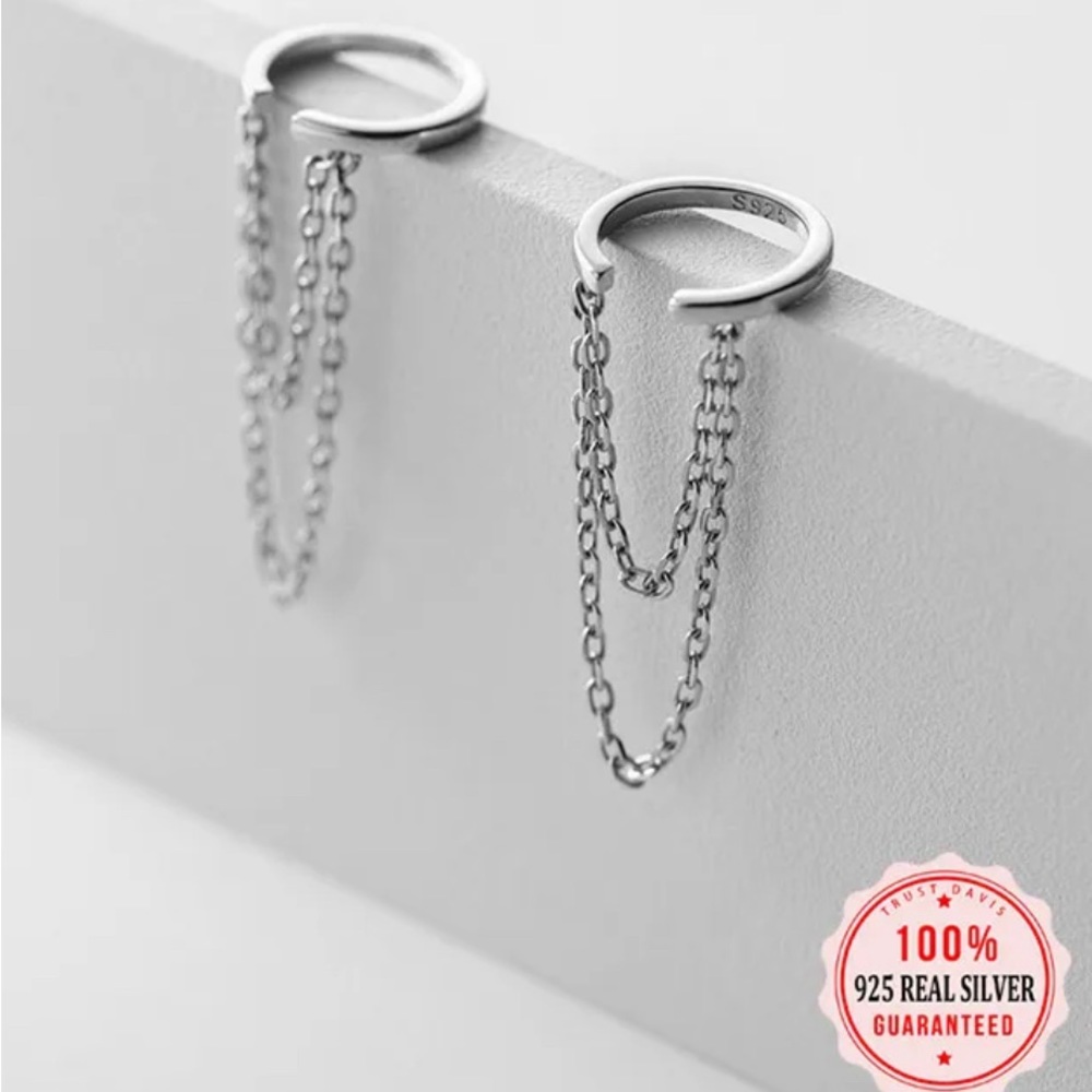 925 Sterling Silver Double Chain Clip On Ear Cuff